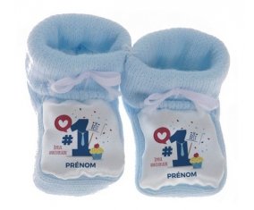 Chausson bébé un an anniversaire style 7 + prénom de couleur Bleu