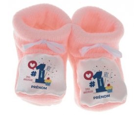 Chausson bébé un an anniversaire style 7 + prénom de couleur Rose