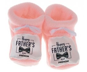 Chausson bébé Happy father's day style 1 + prénom de couleur Rose