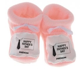 Chausson bébé Happy father's day style 3 + prénom de couleur Rose