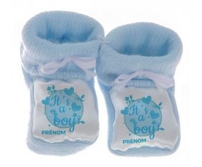 Chausson bébé It's a boy + prénom de couleur Bleu