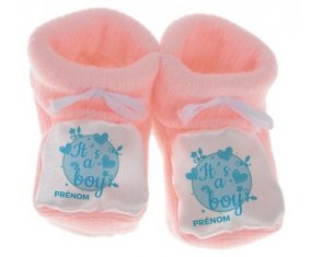 Chausson bébé It's a boy + prénom de couleur Rose