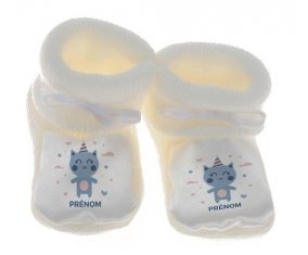 Chausson bébé Chat anniversaire + prénom de couleur Blanc