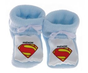 Chausson bébé Superman + prénom de couleur Bleu