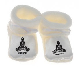 Chausson bébé Bouddah méditation style 2 + prénom de couleur Blanc