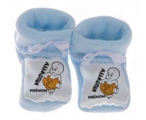 Chausson bébé Halloween casper + prénom de couleur Bleu