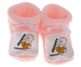 Chausson bébé Halloween casper + prénom de couleur Rose