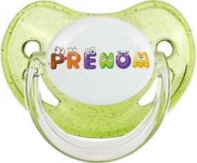 Tétine Prénom ou texte personnalisée alphabet style-1 : Vert à paillette embout physiologique 0/6 mois