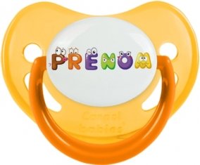 Tétine Prénom ou texte personnalisée alphabet style-1 : Jaune phosphorescente embout physiologique 0/6 mois