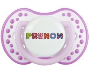 Tétine Prénom ou texte personnalisée alphabet style-3 :Blanc-mauve classique Tétine embout Lovi Dynamic 0/6 mois