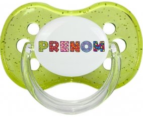 Tétine Prénom ou texte personnalisée alphabet style-3 :Vert à paillette Tétine embout cerise 0/6 mois