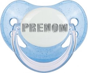 Tétine Prénom ou texte personnalisée alphabet style-5 :Bleue à paillette embout physiologique 0/6 mois
