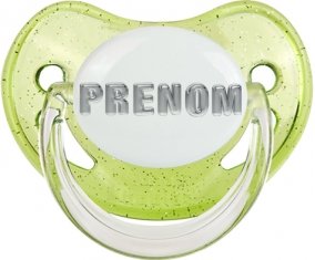 Tétine Prénom ou texte personnalisée alphabet style-5 :Vert à paillette embout physiologique 0/6 mois