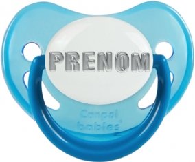 Tétine Prénom ou texte personnalisée alphabet style-5 :Bleue phosphorescente embout physiologique 0/6 mois