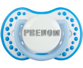Tétine Prénom ou texte personnalisée alphabet style-5 :Blanc-bleu phosphorescente Tétine embout Lovi Dynamic 0/6 mois