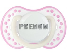 Tétine Prénom ou texte personnalisée alphabet style-5 :Blanc-rose phosphorescente Tétine embout Lovi Dynamic 0/6 mois