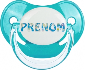 Tétine Prénom ou texte personnalisée alphabet style-6 :Bleue classique embout physiologique 0/6 mois