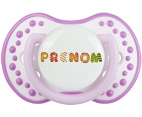 Tétine Prénom ou texte personnalisée alphabet style-8 :Blanc-mauve classique Tétine embout Lovi Dynamic 0/6 mois