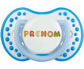 Tétine Prénom ou texte personnalisée alphabet style-8 :Blanc-bleu phosphorescente Tétine embout Lovi Dynamic 0/6 mois