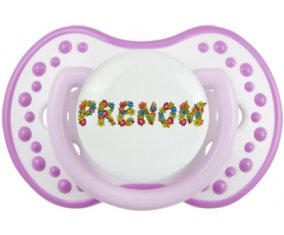 Tétine Prénom ou texte personnalisée alphabet style-9 :Blanc-mauve classique Tétine embout Lovi Dynamic 0/6 mois
