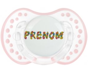 Tétine Prénom ou texte personnalisée alphabet style-9 :Retro-blanc-rose-tendre classique Tétine embout Lovi Dynamic 0/6 mois