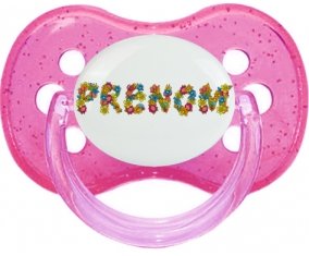 Tétine Prénom ou texte personnalisée alphabet style-9 :Rose à paillette Tétine embout cerise 0/6 mois