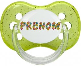 Tétine Prénom ou texte personnalisée alphabet style-9 :Vert à paillette Tétine embout cerise 0/6 mois