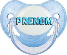 Tétine Prénom ou texte personnalisée alphabet style-11 :Bleue à paillette embout physiologique 0/6 mois