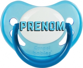 Tétine Prénom ou texte personnalisée alphabet style-11 :Bleue phosphorescente embout physiologique 0/6 mois