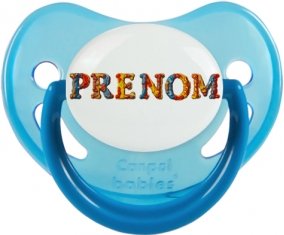 Tétine Prénom ou texte personnalisée alphabet style-13 :Bleue phosphorescente embout physiologique 0/6 mois