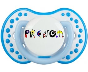 Tétine Prénom ou texte personnalisée alphabet style-14 :Blanc-bleu phosphorescente Tétine embout Lovi Dynamic 0/6 mois