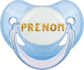 Tétine Prénom ou texte personnalisée alphabet style-17 :Bleue à paillette embout physiologique 0/6 mois