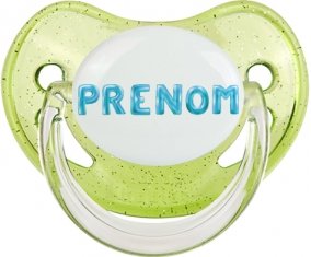 Tétine Prénom ou texte personnalisée alphabet style-18 :Vert à paillette embout physiologique 0/6 mois