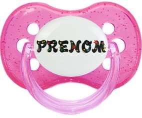 Tétine Prénom ou texte personnalisée alphabet style-20 :Rose à paillette Tétine embout cerise 0/6 mois
