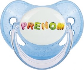 Tétine Prénom ou texte personnalisée alphabet style-21 :Bleue à paillette embout physiologique 0/6 mois