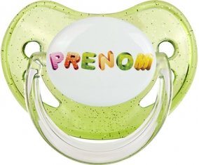 Tétine Prénom ou texte personnalisée alphabet style-21 :Vert à paillette embout physiologique 0/6 mois