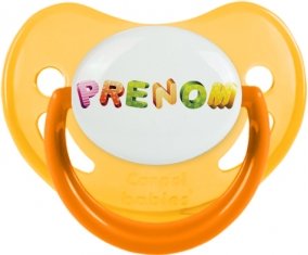 Tétine Prénom ou texte personnalisée alphabet style-21 :Jaune phosphorescente embout physiologique 0/6 mois