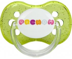 Tétine Prénom ou texte personnalisée alphabet style-22 :Vert à paillette Tétine embout cerise 0/6 mois