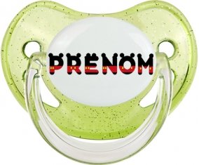 Tétine Prénom ou texte personnalisée alphabet style-25 :Vert à paillette embout physiologique 0/6 mois