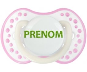 Tétine Prénom ou texte personnalisée alphabet style-26 :Blanc-rose phosphorescente Tétine embout Lovi Dynamic 0/6 mois