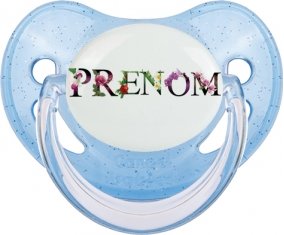 Tétine Prénom ou texte personnalisée alphabet style-27 :Bleue à paillette embout physiologique 0/6 mois