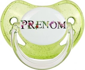 Tétine Prénom ou texte personnalisée alphabet style-27 :Vert à paillette embout physiologique 0/6 mois
