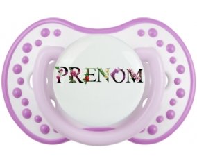 Tétine Prénom ou texte personnalisée alphabet style-27 :Blanc-mauve classique Tétine embout Lovi Dynamic 0/6 mois