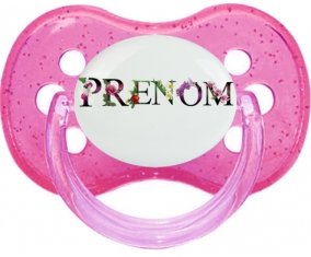 Tétine Prénom ou texte personnalisée alphabet style-27 :Rose à paillette Tétine embout cerise 0/6 mois