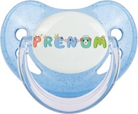 Tétine Prénom ou texte personnalisée alphabet style-28 :Bleue à paillette embout physiologique 0/6 mois