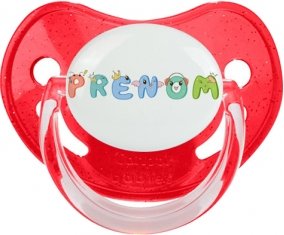 Tétine Prénom ou texte personnalisée alphabet style-28 :Rouge à paillette embout physiologique 0/6 mois