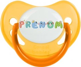 Tétine Prénom ou texte personnalisée alphabet style-28 :Jaune phosphorescente embout physiologique 0/6 mois