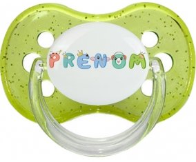 Tétine Prénom ou texte personnalisée alphabet style-28 :Vert à paillette Tétine embout cerise 0/6 mois