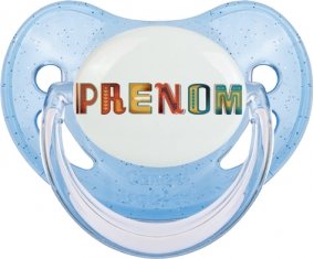 Tétine Prénom ou texte personnalisée alphabet style-29 :Bleue à paillette embout physiologique 0/6 mois