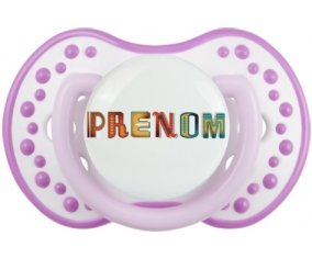 Tétine Prénom ou texte personnalisée alphabet style-29 :Blanc-mauve classique Tétine embout Lovi Dynamic 0/6 mois